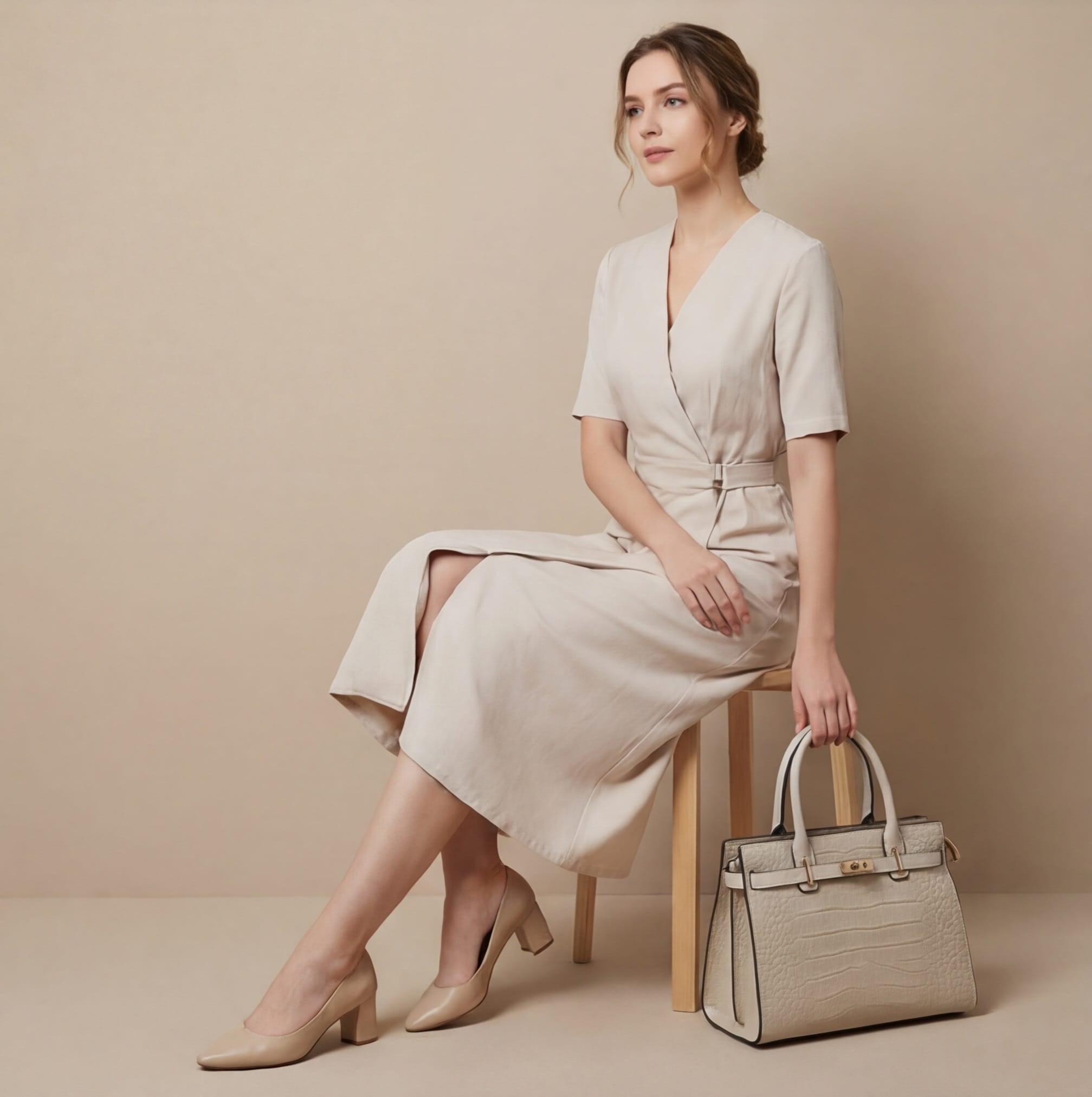 Woman in a beige dress holding a matching handbag against a beige background