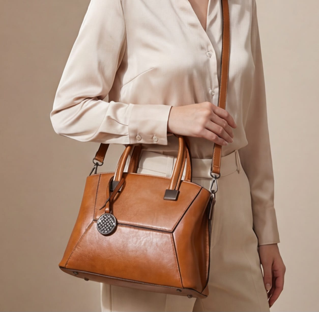 Person holding a brown leather handbag against a beige background