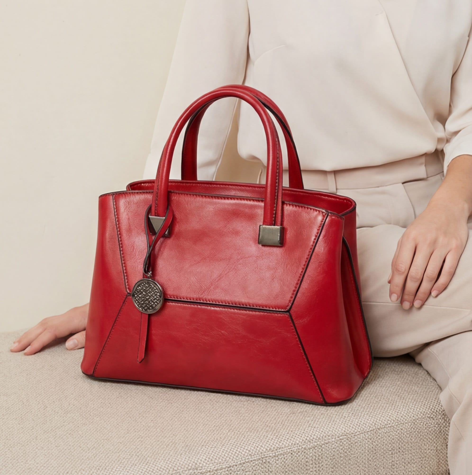 Red handbag on a neutral background