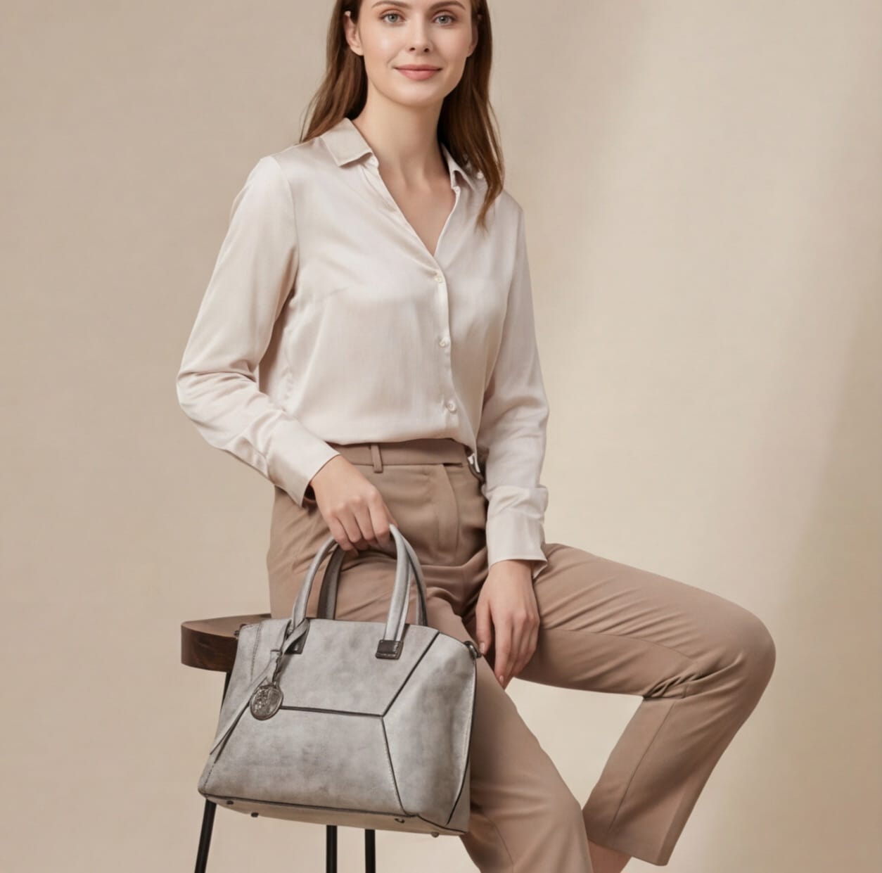 Woman holding a gray handbag against a beige background