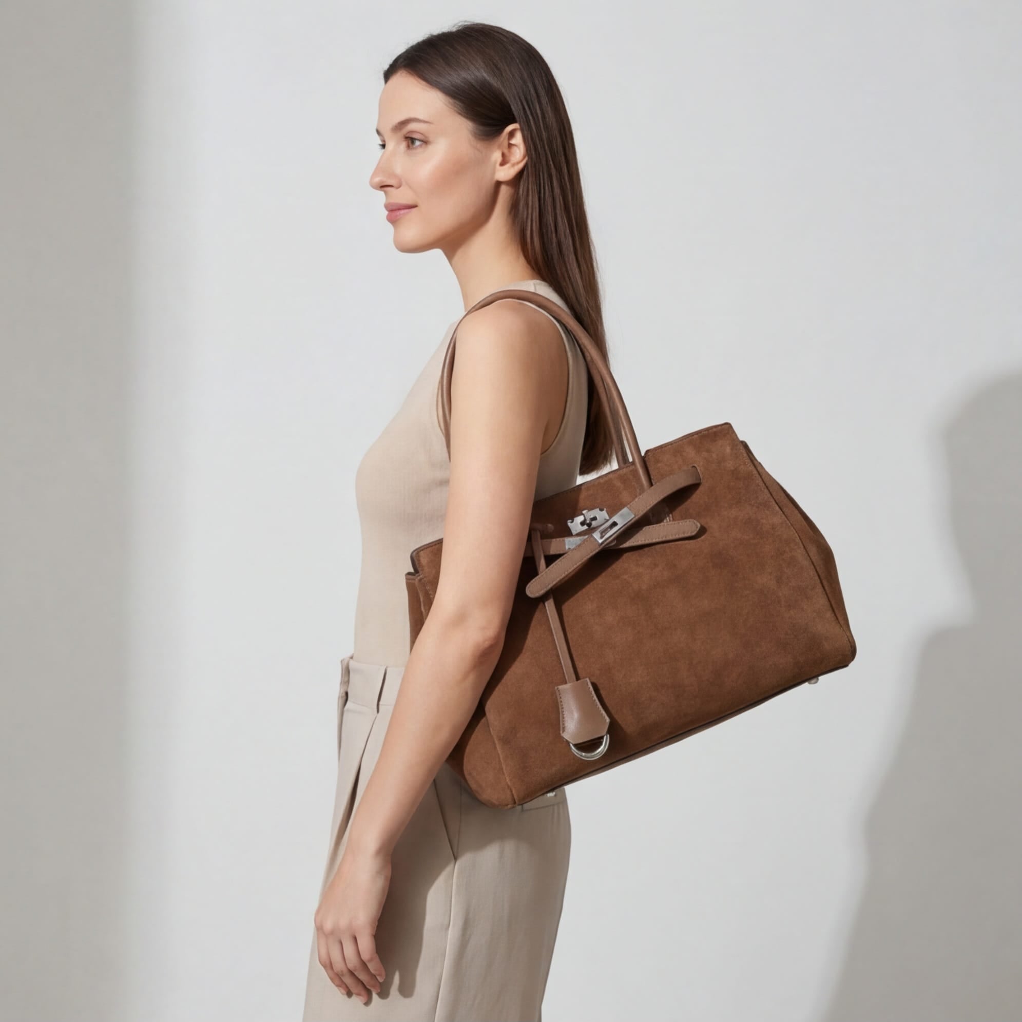 woman carrying brown suede tote bag with lock detail on shoulder against light background