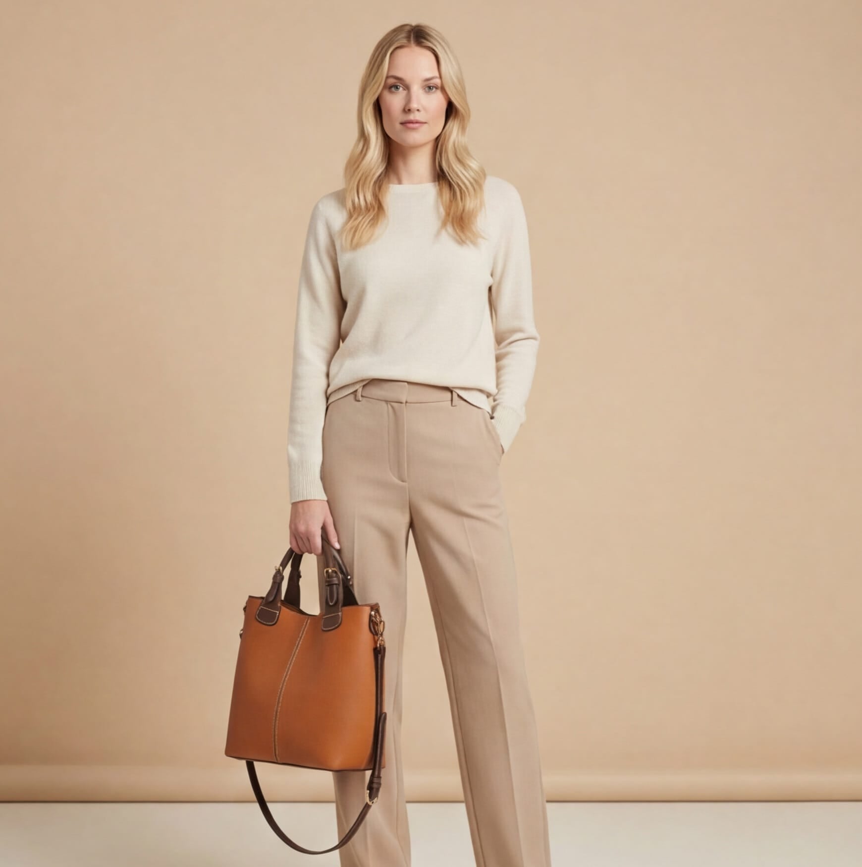 Woman holding a brown leather handbag against a beige background