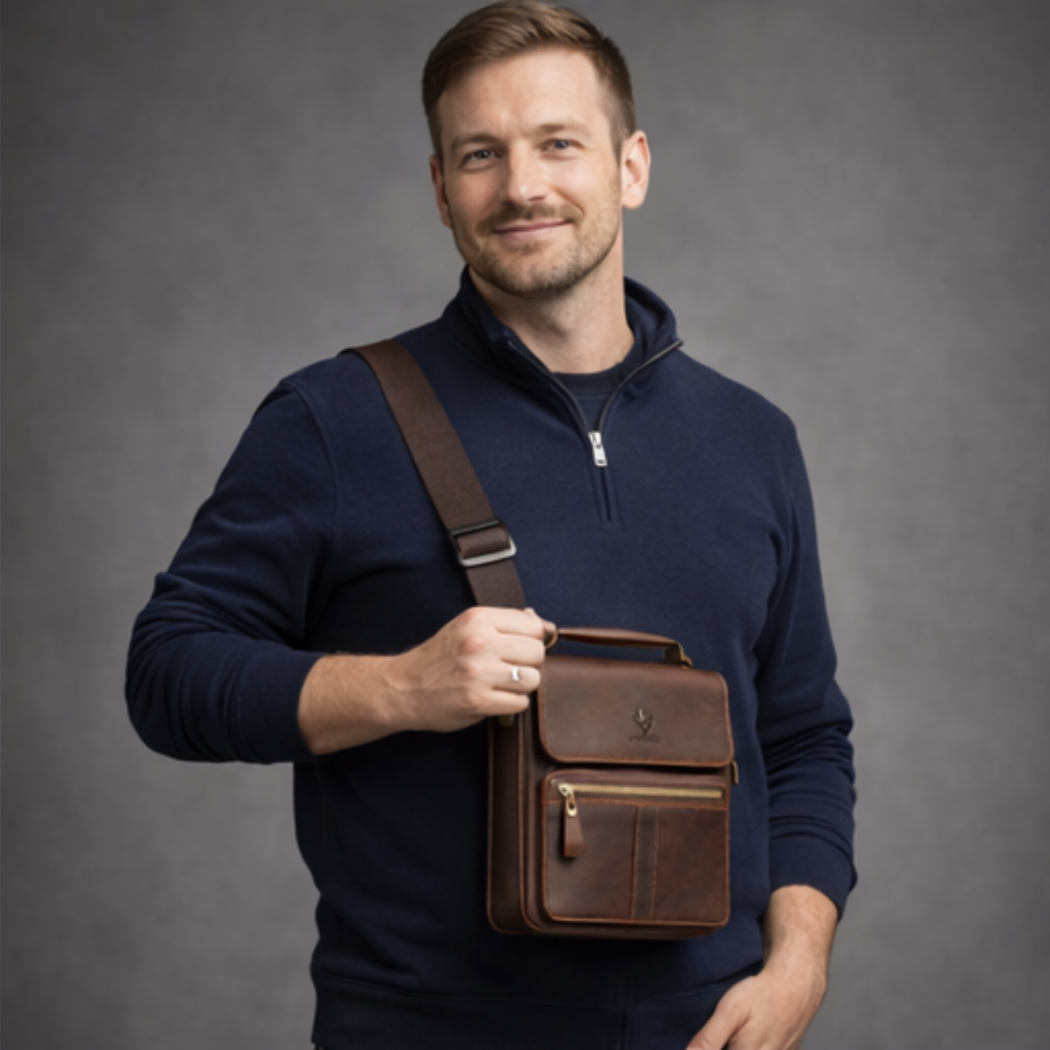 Man holding a brown leather bag against a gray background