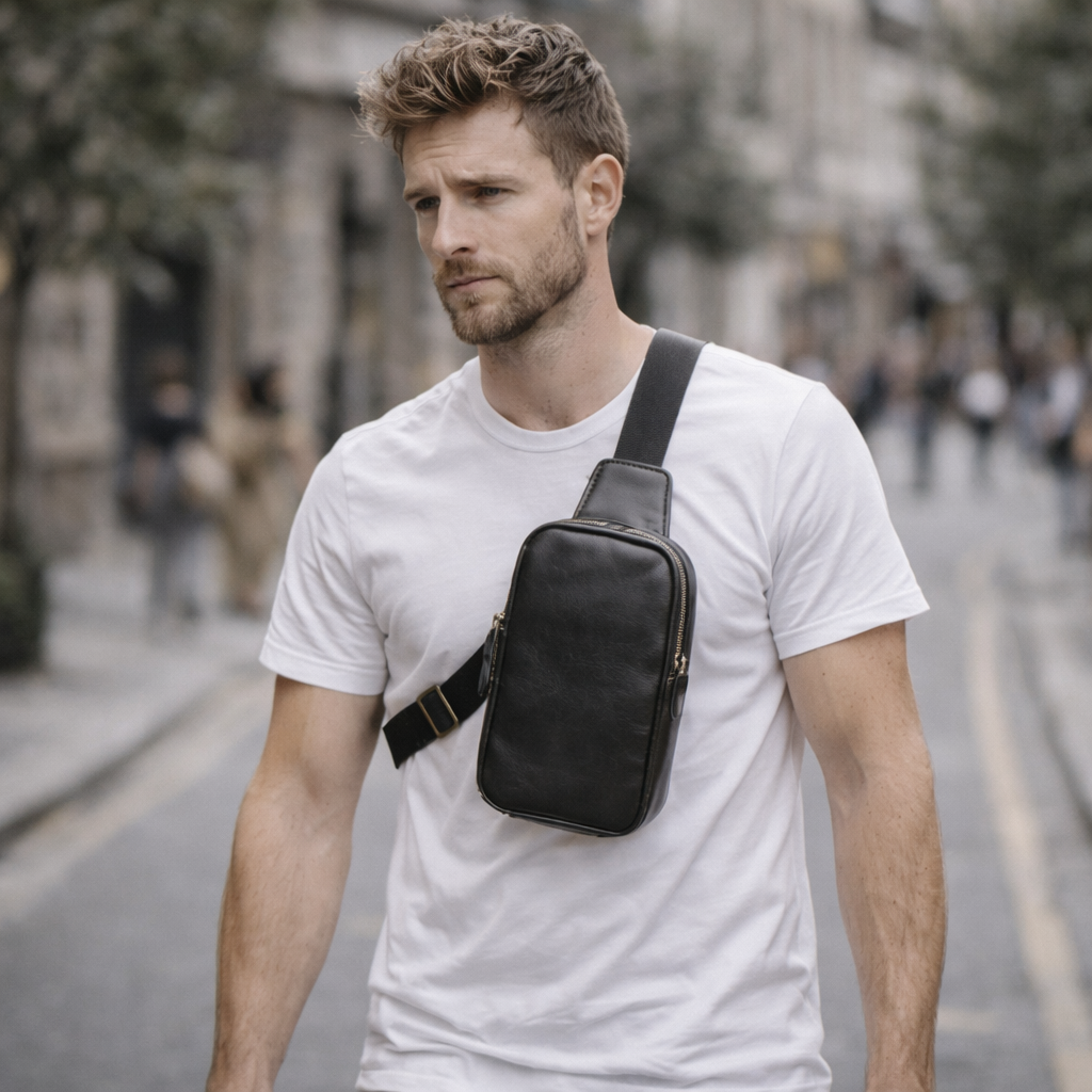 Man wearing a black crossbody bag on a city street