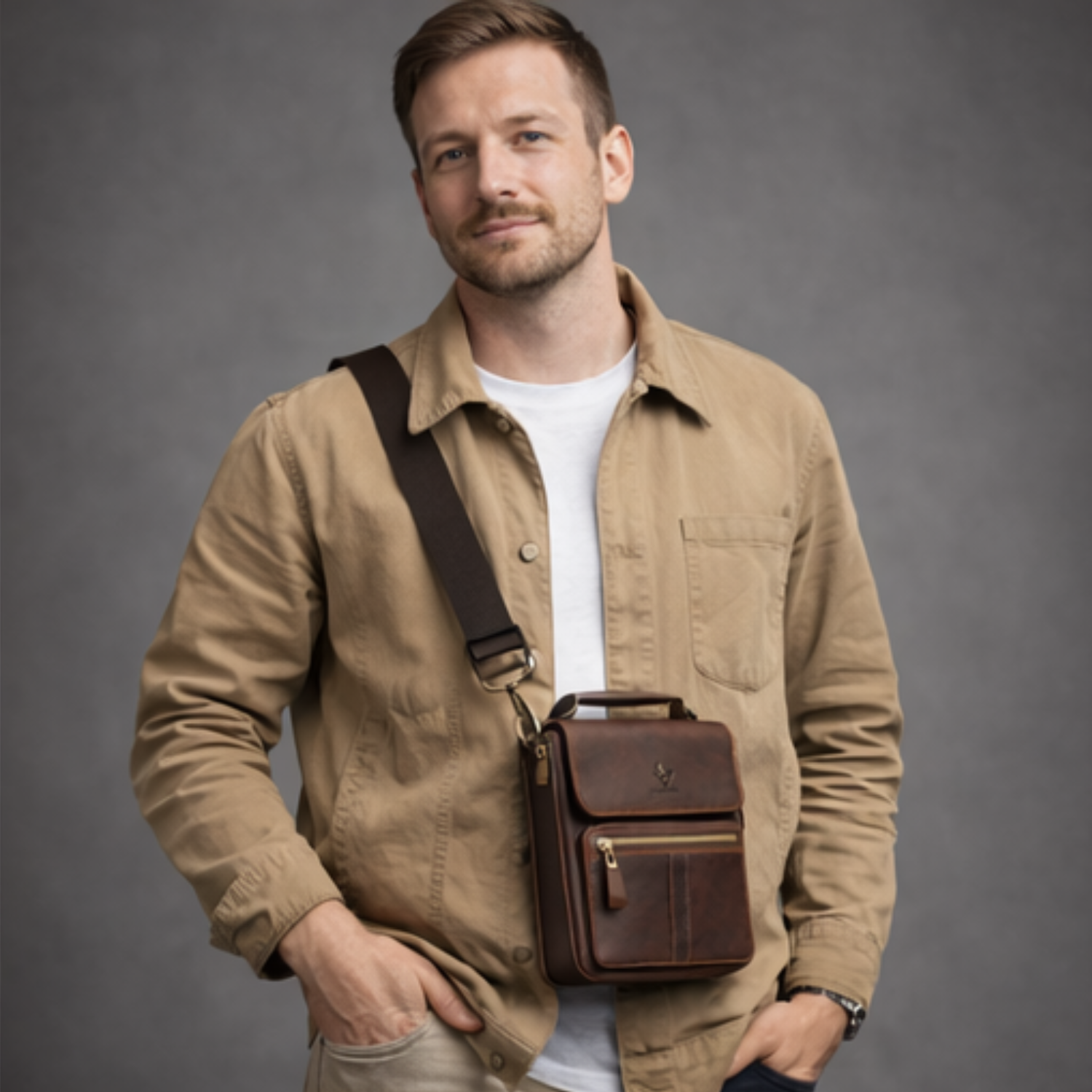 Man wearing a brown leather bag over his shoulder against a gray background
