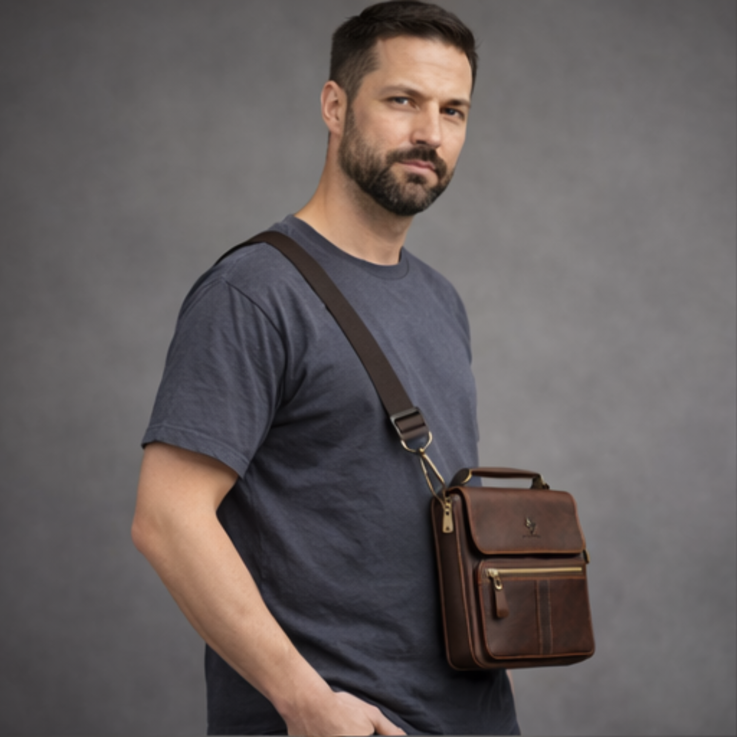 Man wearing a brown leather crossbody bag against a gray background