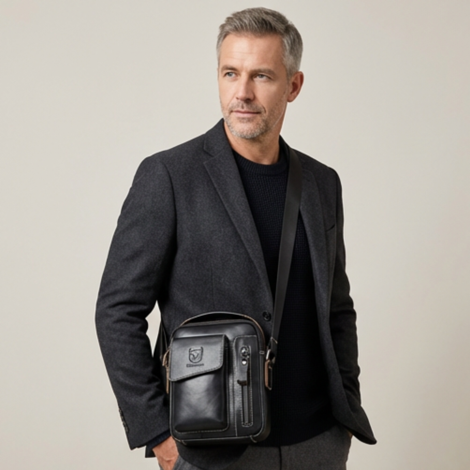 Man wearing a dark blazer with a black leather crossbody bag on a beige background