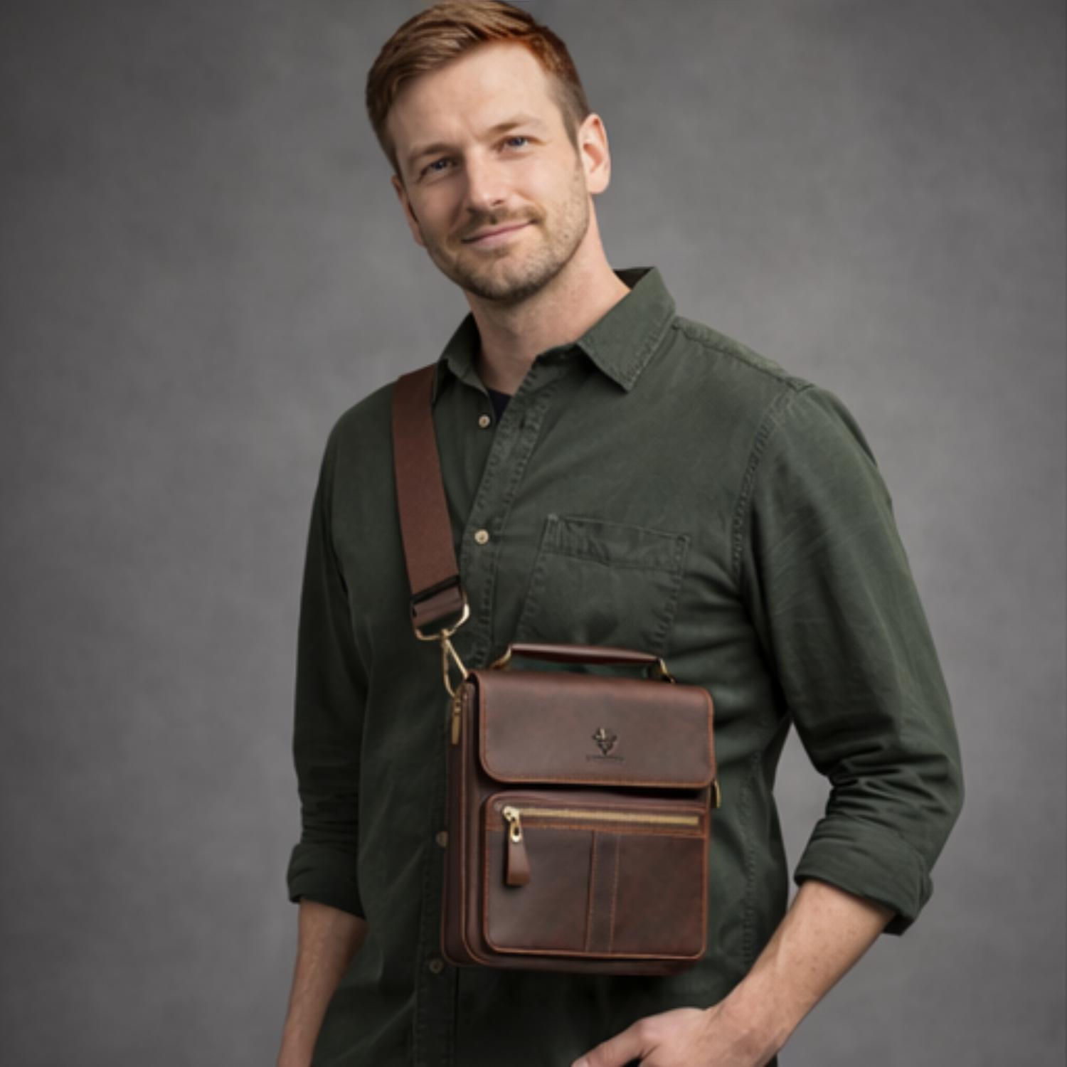 Man wearing a green shirt with a brown leather bag over his shoulder against a gray background