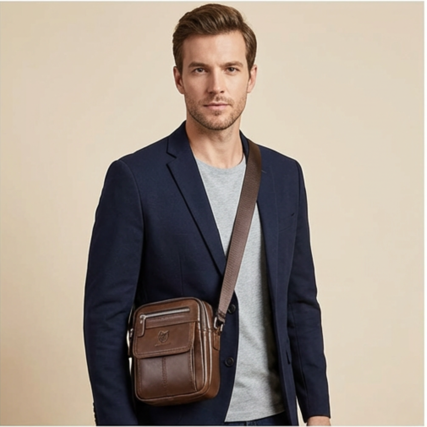 Man wearing a navy blazer with a brown leather crossbody bag on a beige background