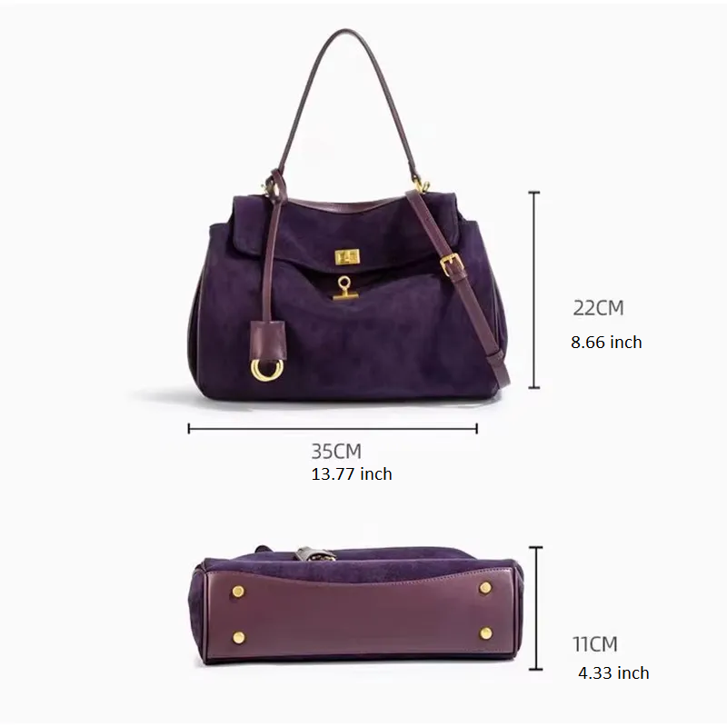 Purple handbag with measurements on a white background