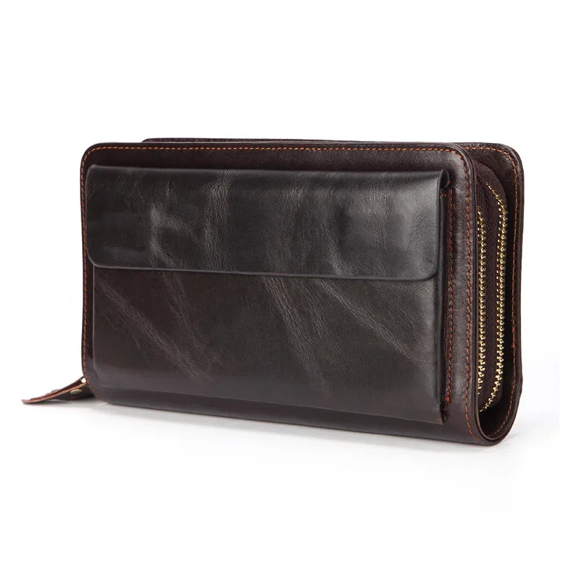 Business Genuine Leather Clutch Wallet Men Long Leather Phone Bag Purse Male  Large Size Handy Coin Wallet Card Holder Money Bag