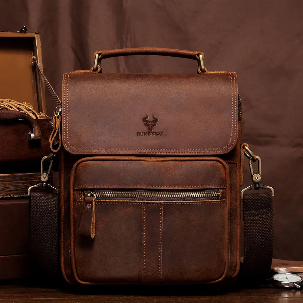 HUMERPAUL Genuine Leather Men's Shoulder Bag Luxury Work Business Messenger Bags Fashion Male Crossbody with Adjustable Straps