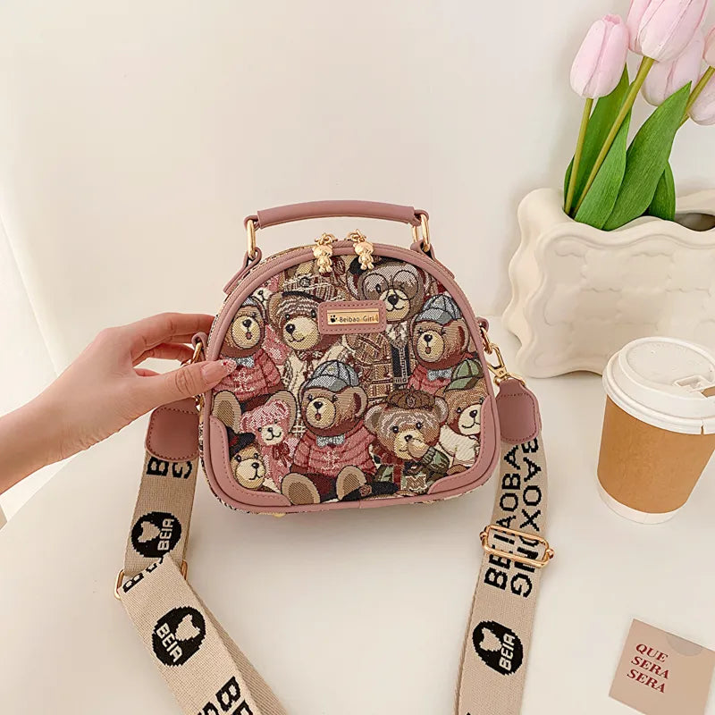 Adorable Bear Print Round Crossbody Bag