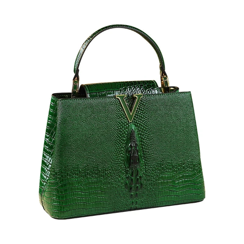 Luxury Genuine Leather Women's Handbag - Crocodile Pattern Shoulder Bag