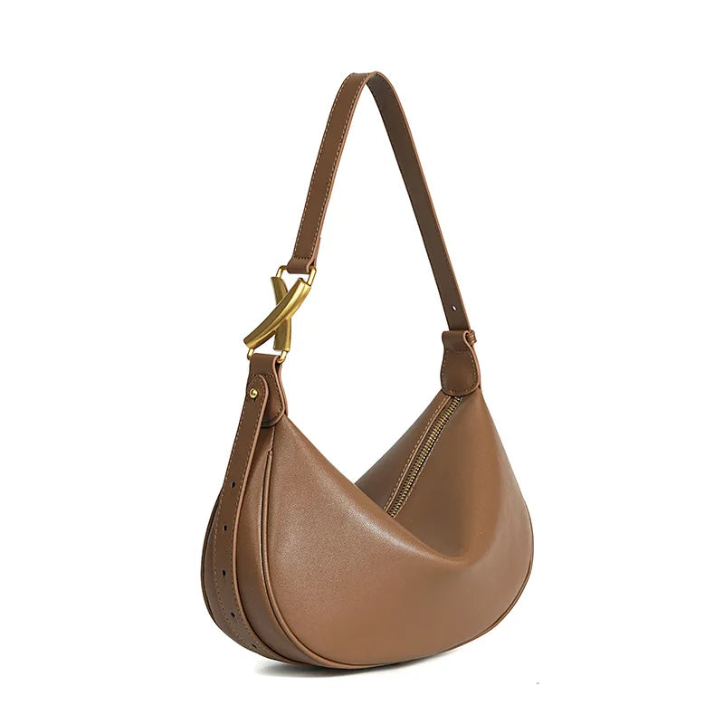 Genuine Leather Crescent Shoulder Bag – Soft Cowhide Hobo Handbag