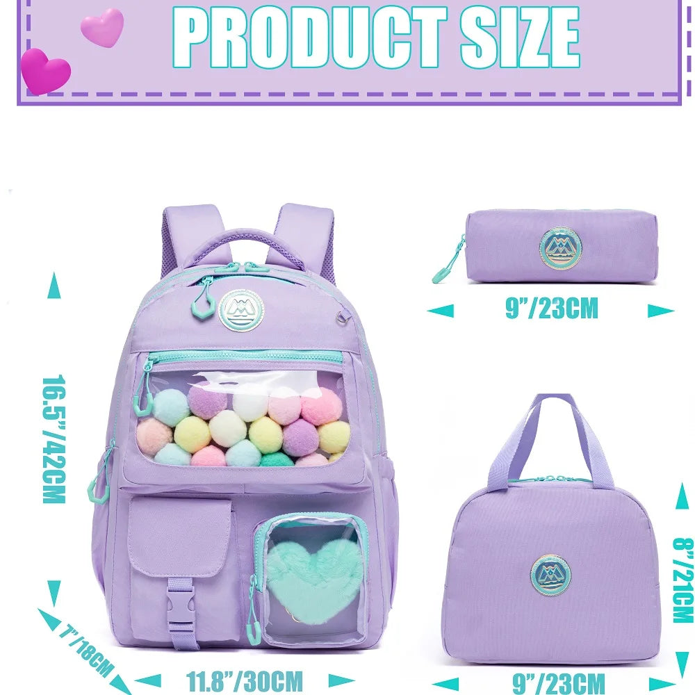 Lavender Love Aesthetic School Backpack Set for Girls