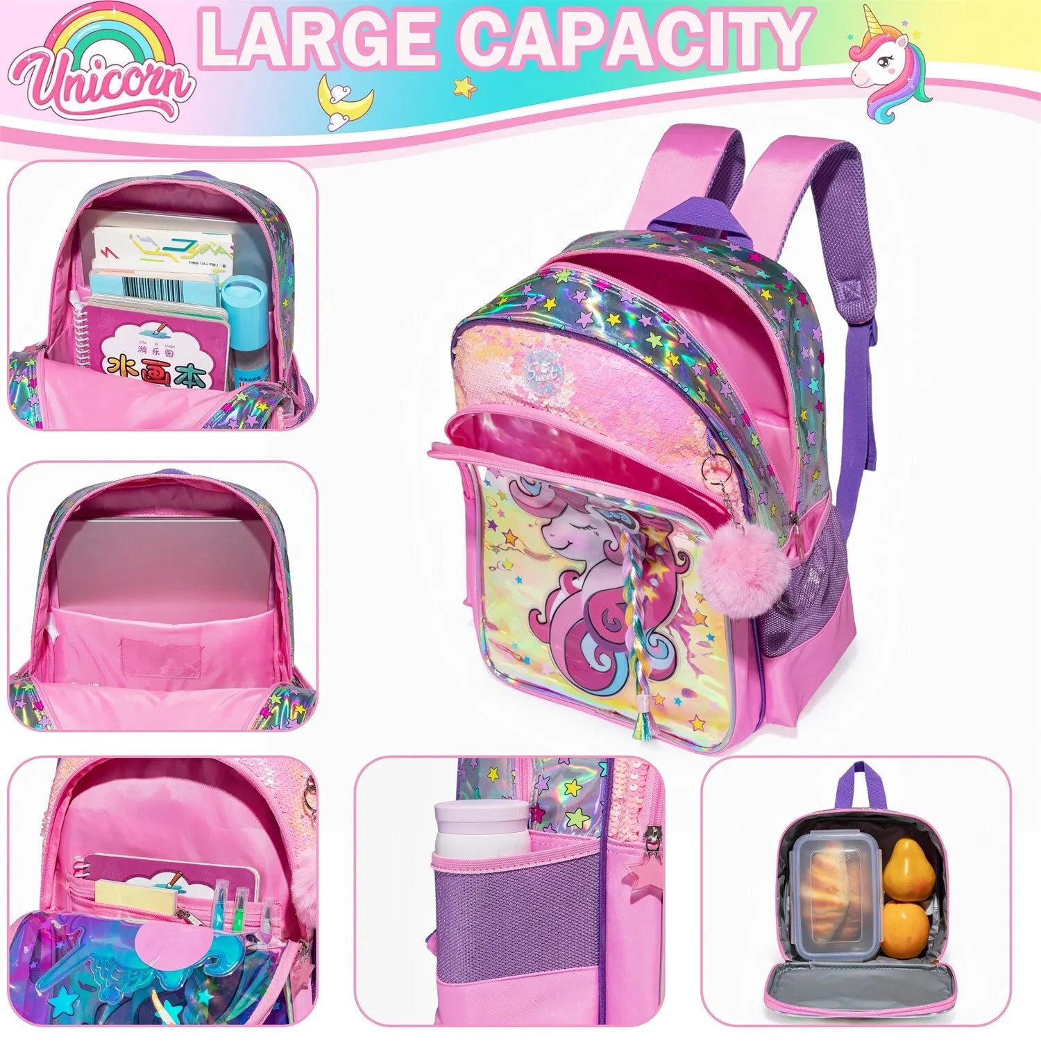 Magical Unicorn Fantasy Backpack and Lunch Box Set for Girls