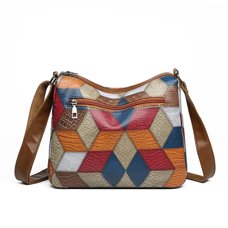 Vintage Patchwork Shoulder Bag – Colorful PU Leather Crossbody