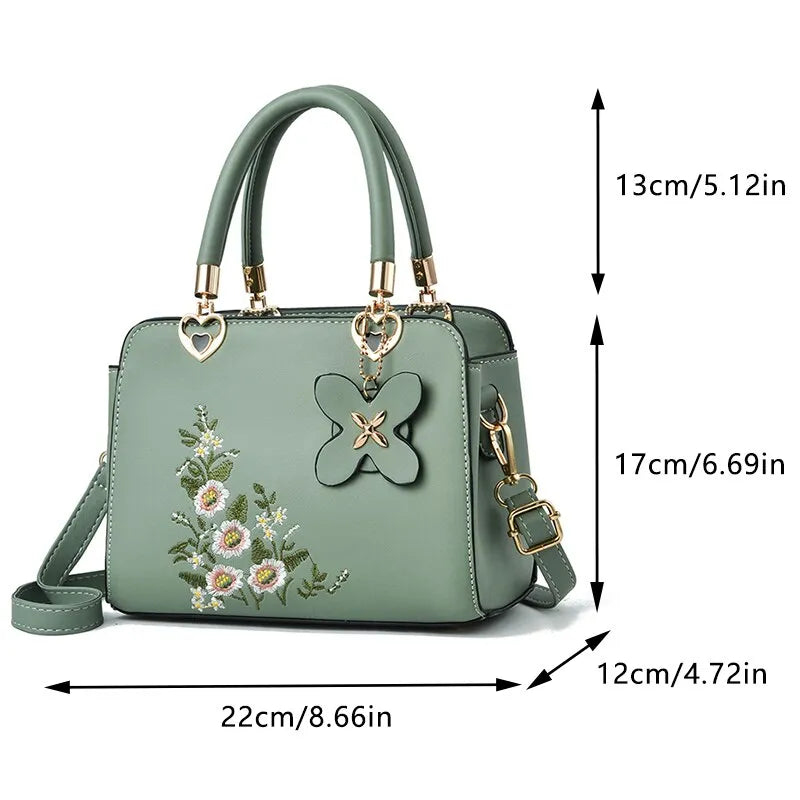 Floral Embroidered Elegance Handbag with Butterfly Charm