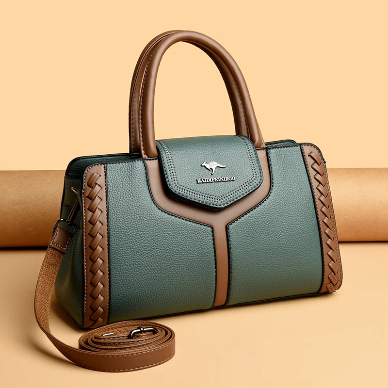Color-Block Leather Handbag – Large Capacity Shoulder Bag for Women