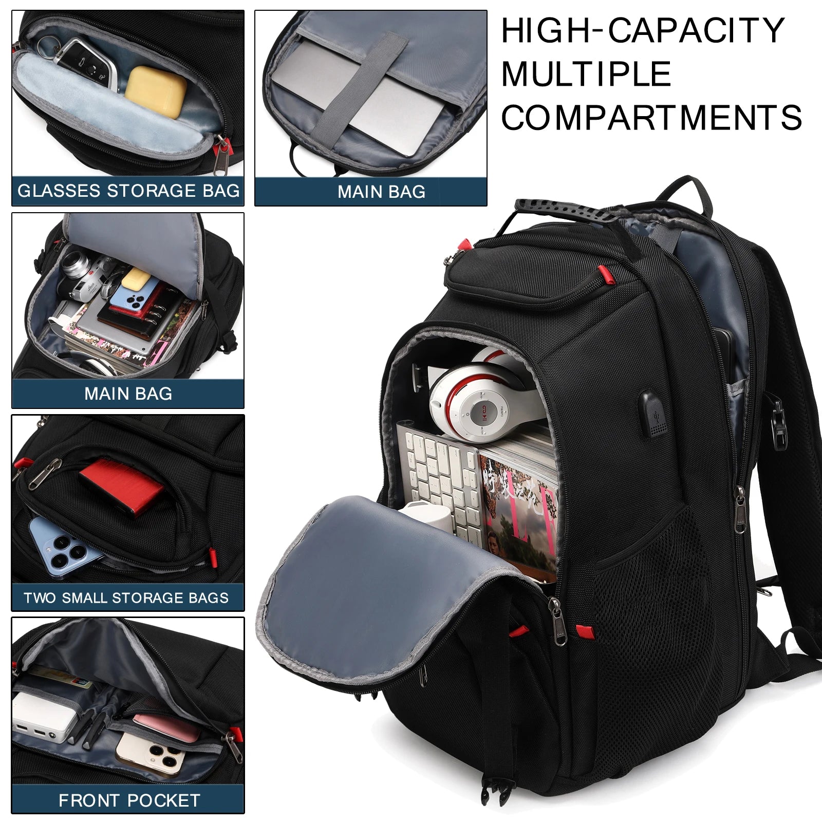 Robust 17-Inch Multi-Compartment Travel Backpack with USB