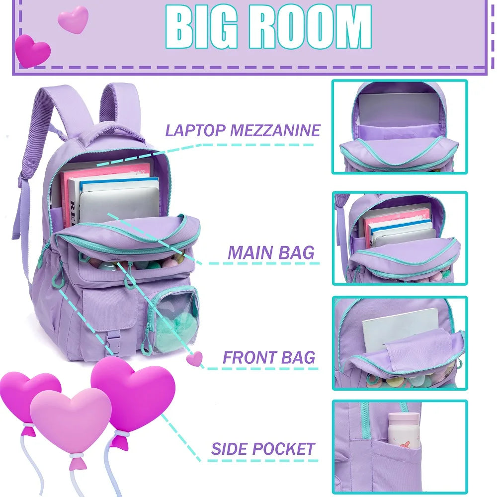 Lavender Love Aesthetic School Backpack Set for Girls