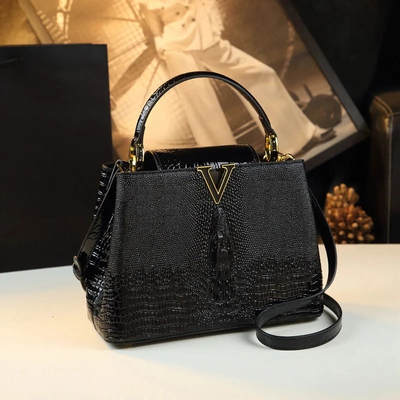 Luxury Genuine Leather Women's Handbag - Crocodile Pattern Shoulder Bag