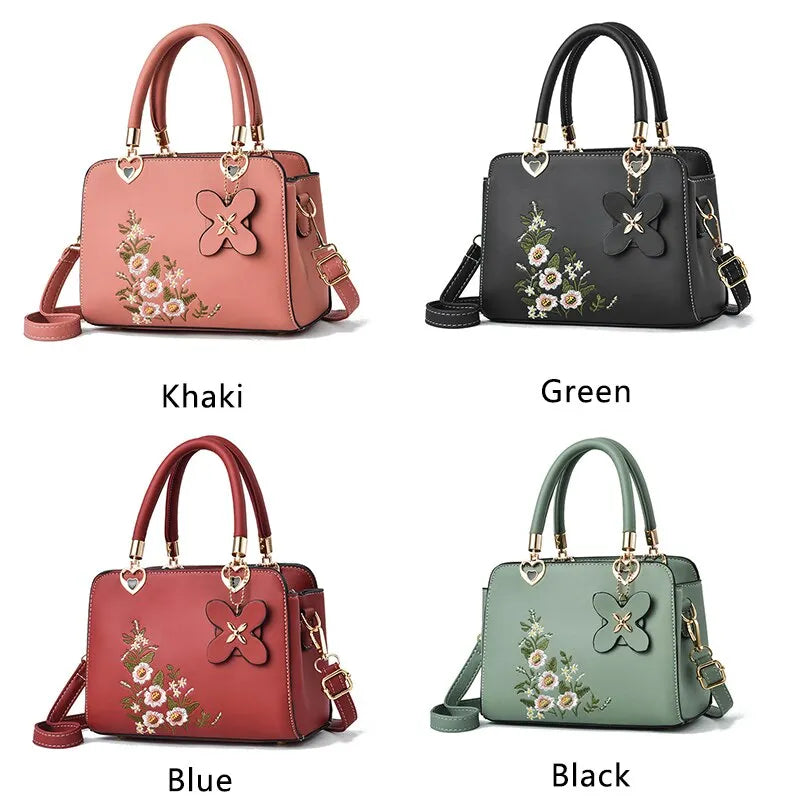 Floral Embroidered Elegance Handbag with Butterfly Charm