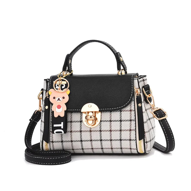 Chic Plaid Pattern Handbag with Charm Accents