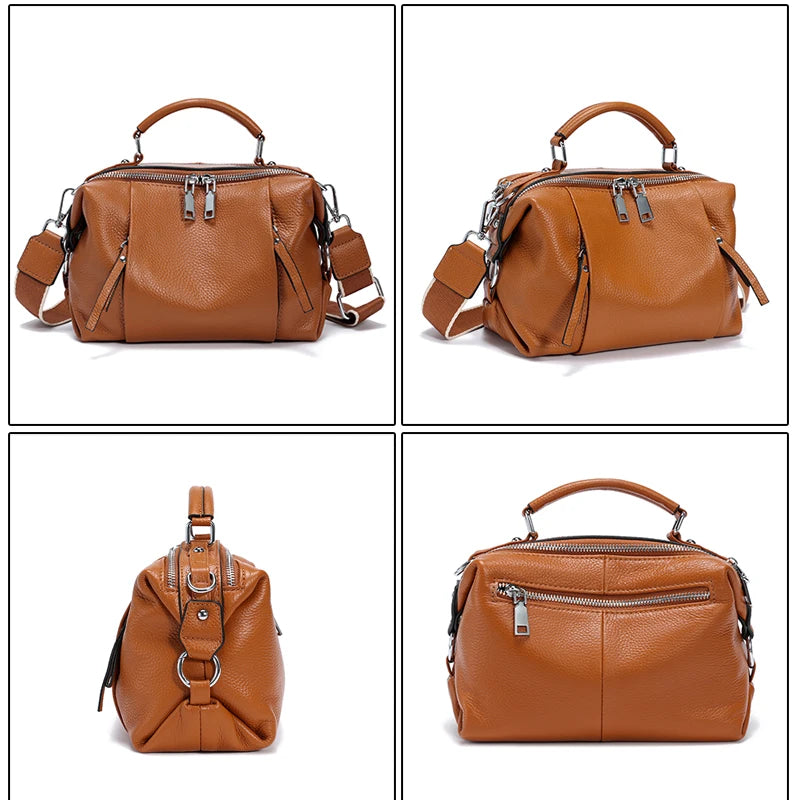 Brown leather bag shown from multiple angles on a white background