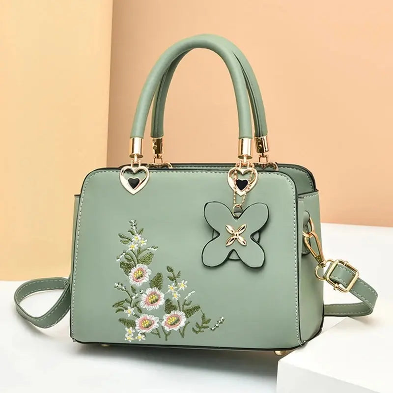 Floral Embroidered Elegance Handbag with Butterfly Charm