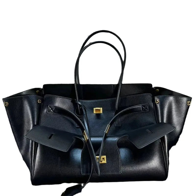 Luxury genuine leather tote bag in black with gold lock – elegant and spacious women's handbag for work, commuting, and daily use.