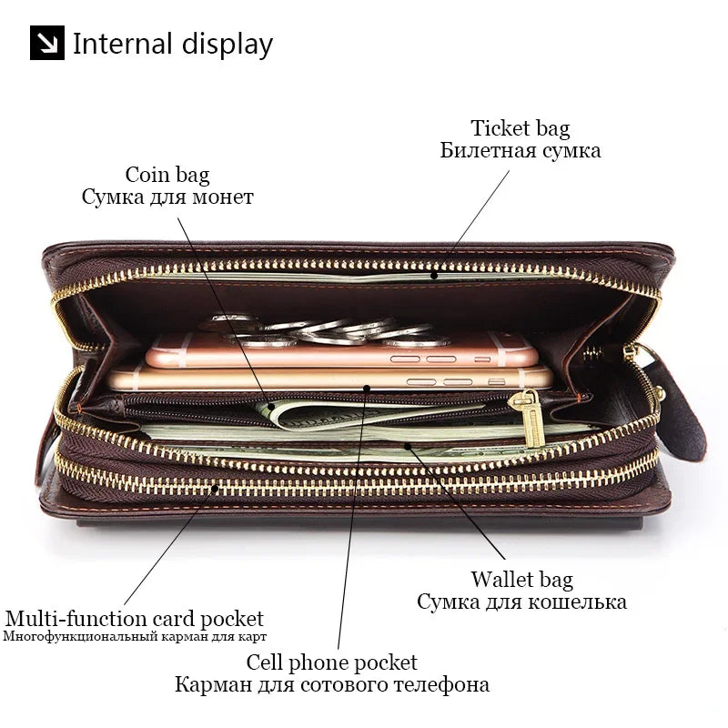 Business Genuine Leather Clutch Wallet Men Long Leather Phone Bag Purse Male  Large Size Handy Coin Wallet Card Holder Money Bag