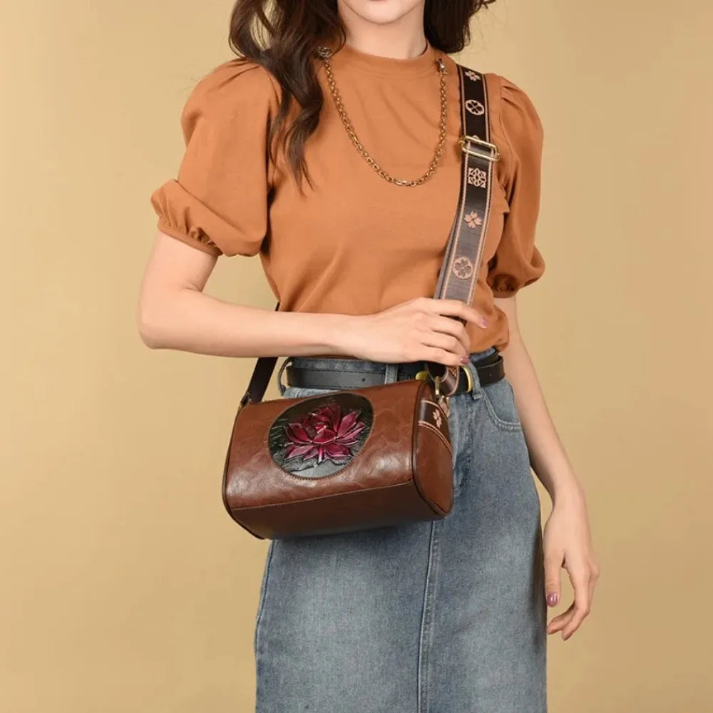 Vintage Floral Leather Crossbody Bag – Small Shoulder Bag