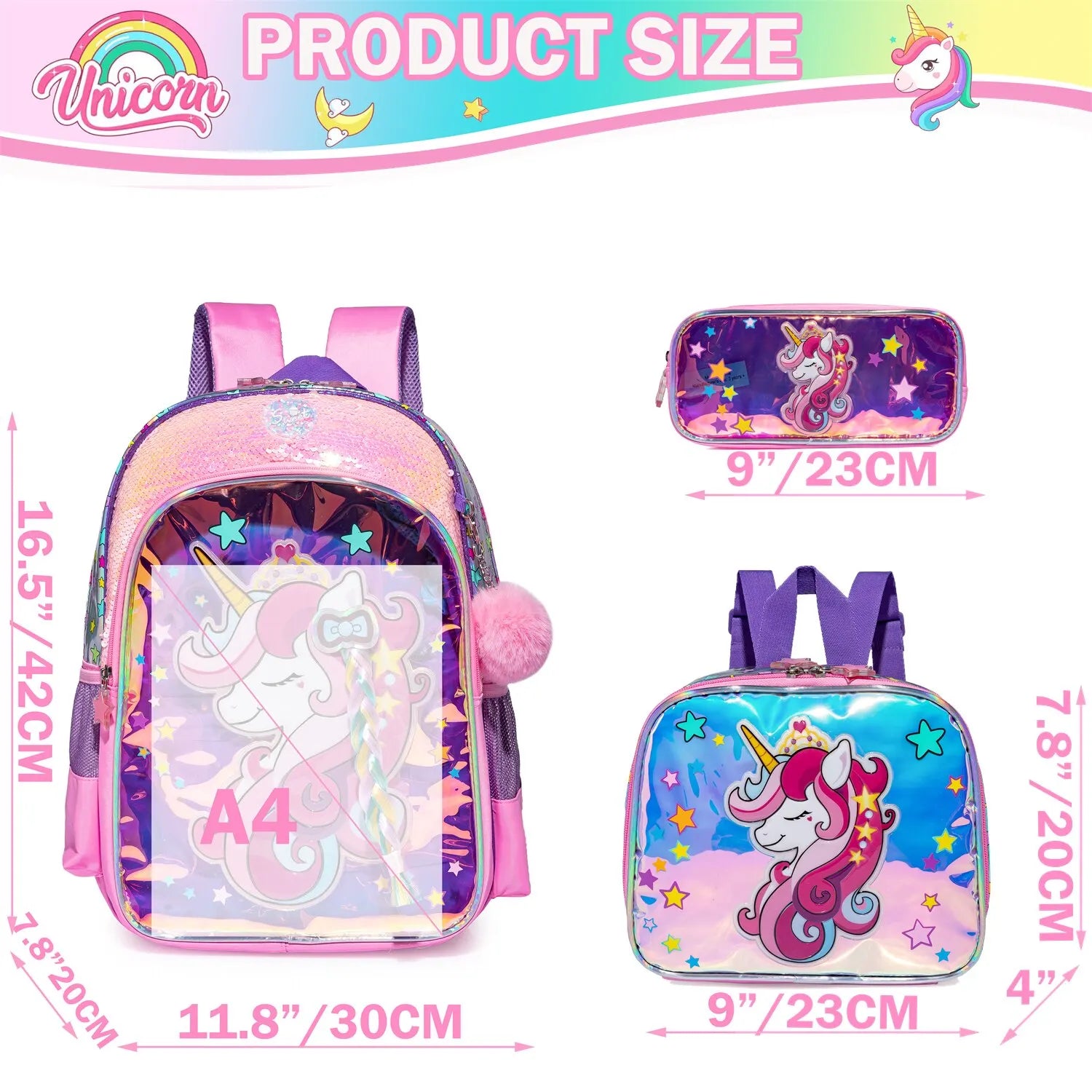 Magical Unicorn Fantasy Backpack and Lunch Box Set for Girls