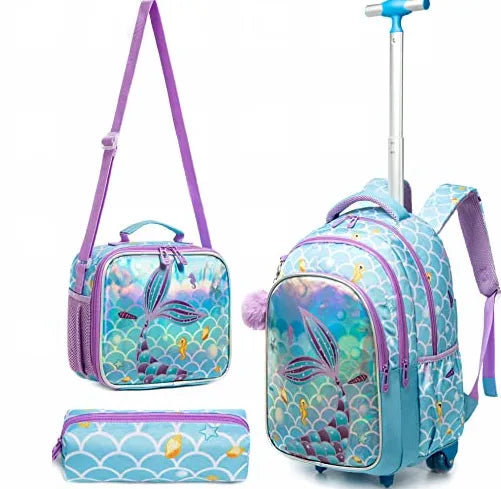 Mermaid-Themed Rolling Backpack Set with Lunch Bag and Pencil Case