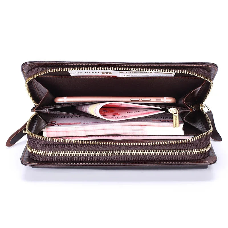 Business Genuine Leather Clutch Wallet Men Long Leather Phone Bag Purse Male  Large Size Handy Coin Wallet Card Holder Money Bag