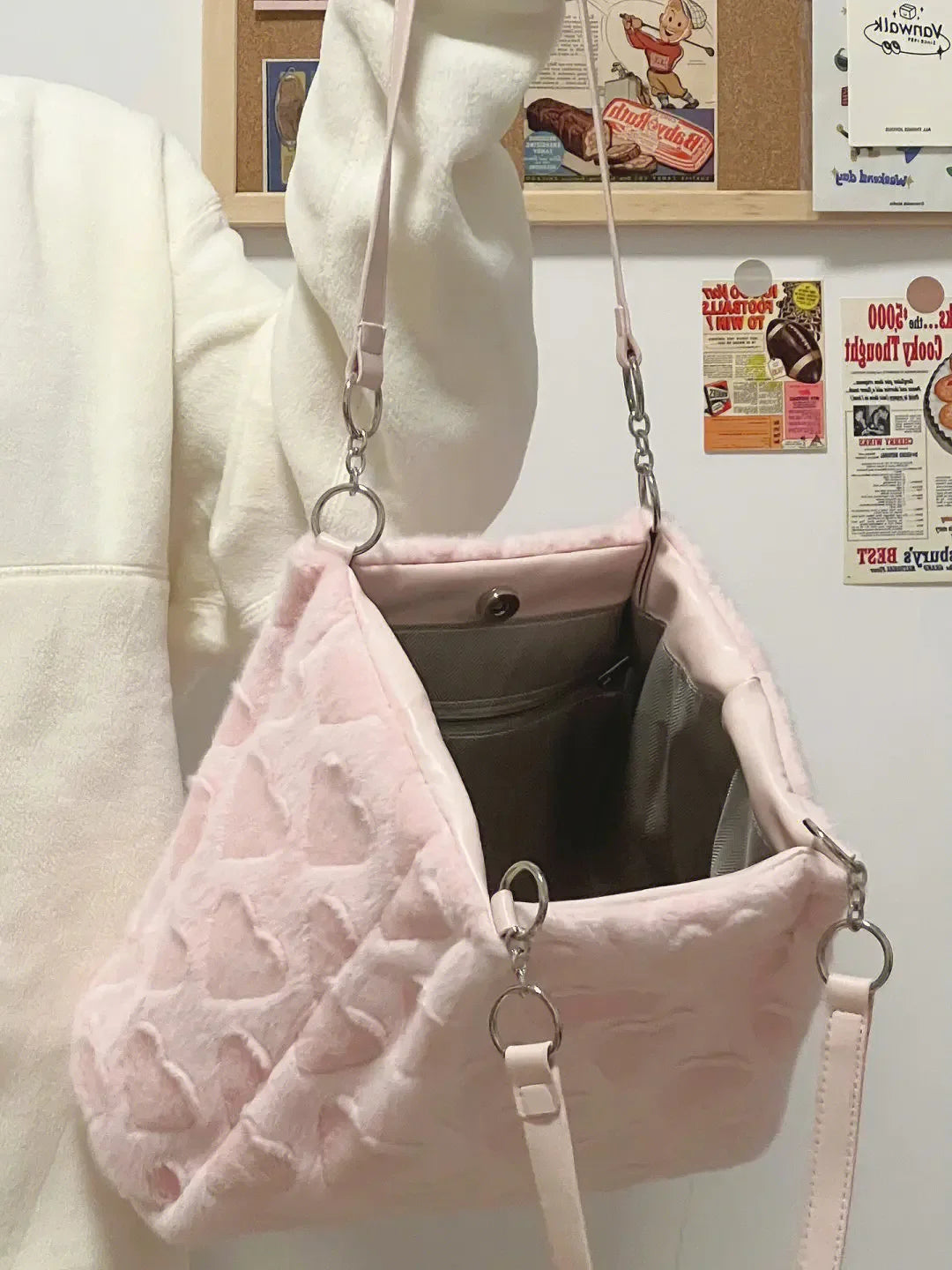 Soft Plush Heart-Patterned Tote in Pastel Pink