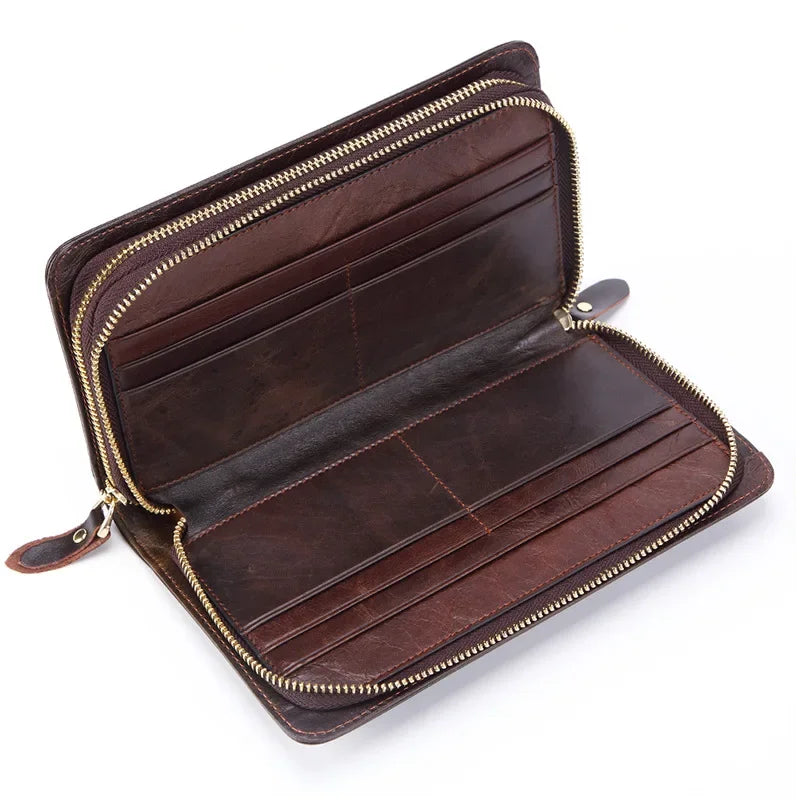 Business Genuine Leather Clutch Wallet Men Long Leather Phone Bag Purse Male  Large Size Handy Coin Wallet Card Holder Money Bag