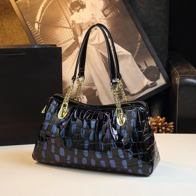 Chic Croc-Effect Leather Tote in Style Blue