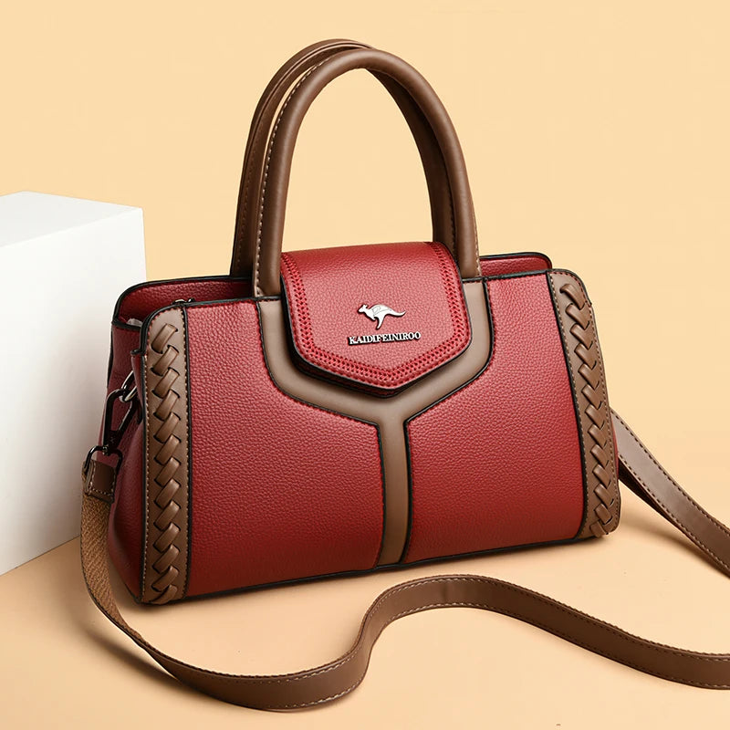 Color-Block Leather Handbag – Large Capacity Shoulder Bag for Women