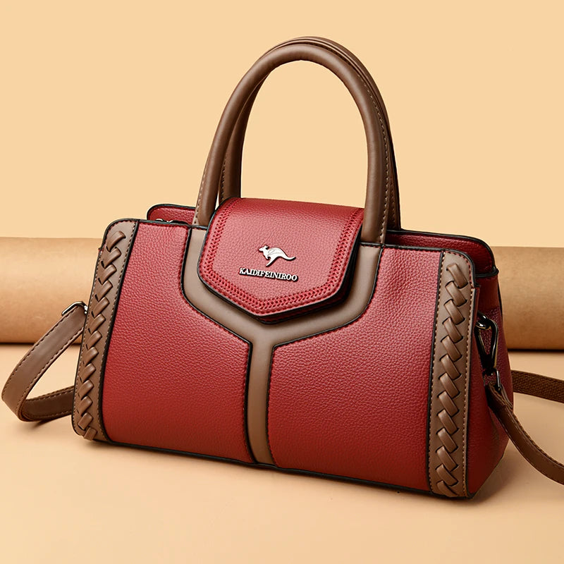Color-Block Leather Handbag – Large Capacity Shoulder Bag for Women