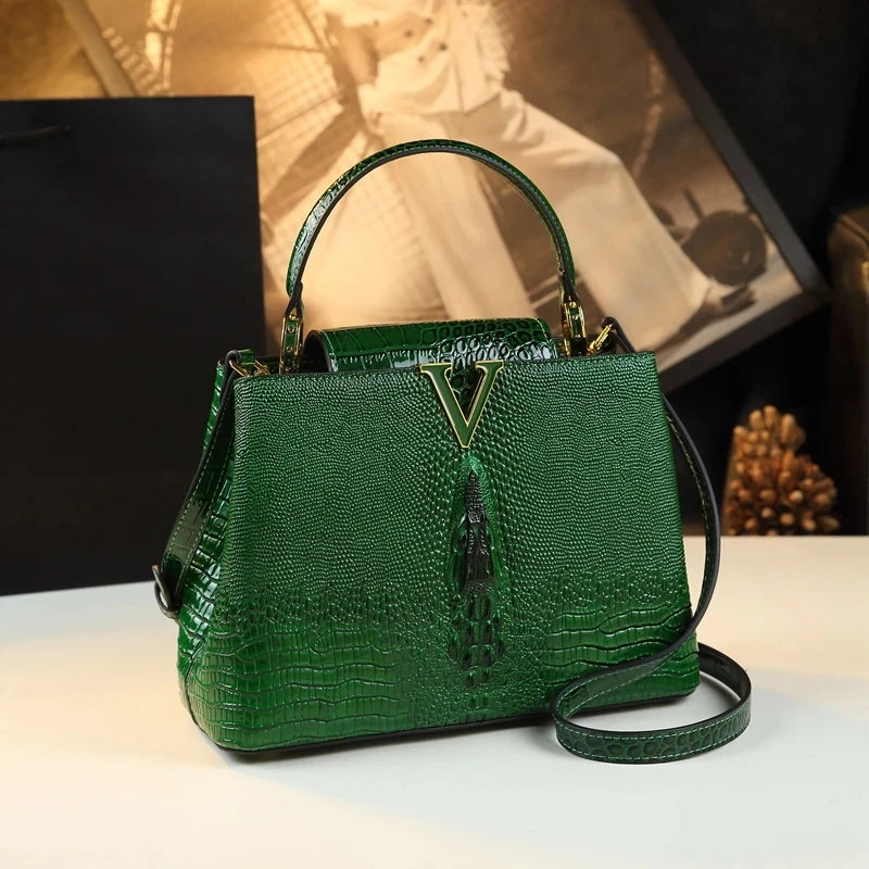 Luxury Genuine Leather Women's Handbag - Crocodile Pattern Shoulder Bag