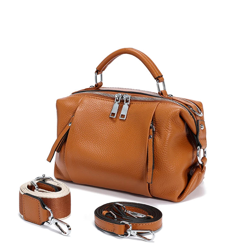 Brown leather handbag with detachable strap on a white background, featuring the MALLUO brand.