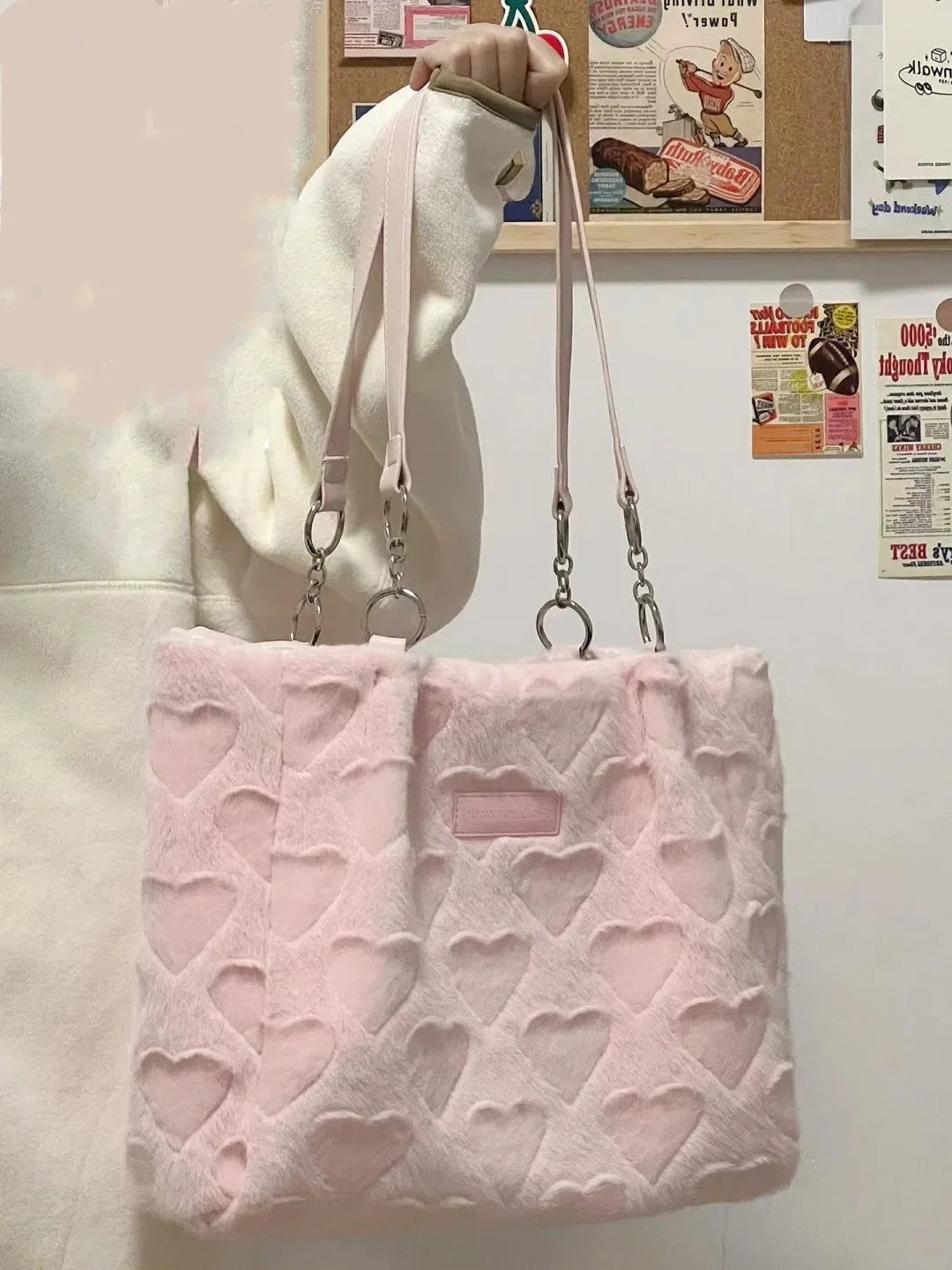 Soft Plush Heart-Patterned Tote in Pastel Pink