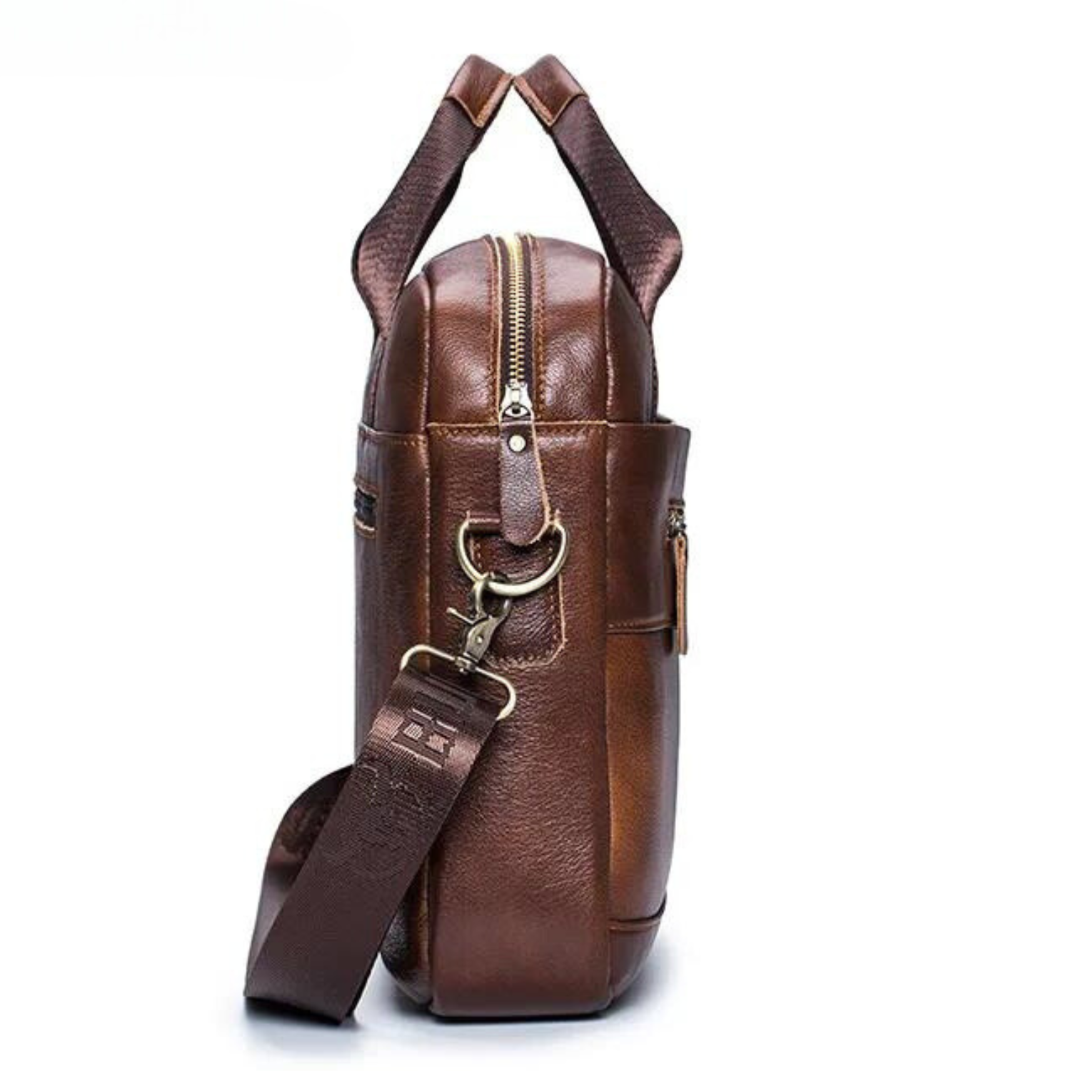 Side view of brown leather laptop briefcase for men with adjustable shoulder strap and zip closure, shown on a clean white background