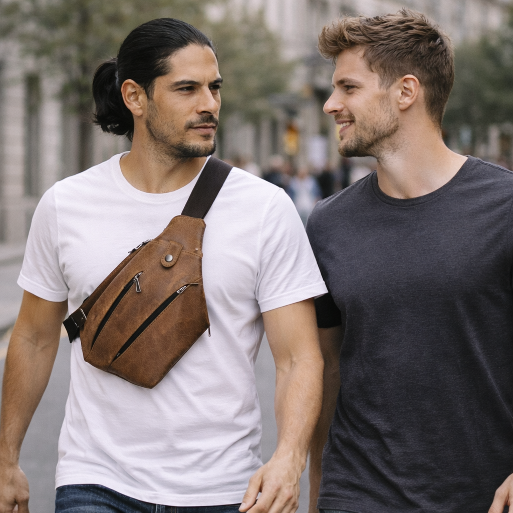 Two men walking outdoors with one wearing a brown leather bag.