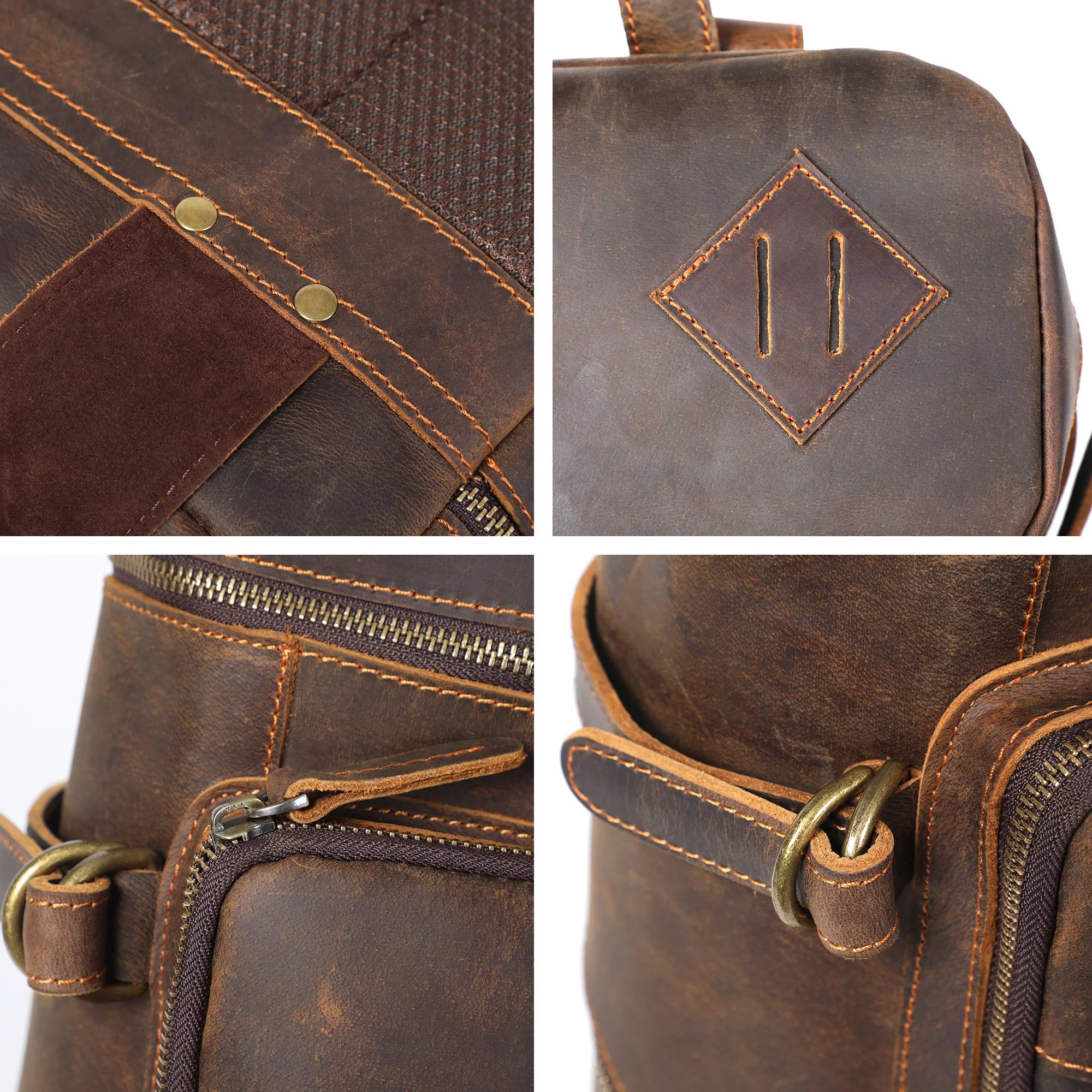 Vintage genuine leather backpack strap detail with reinforced stitching