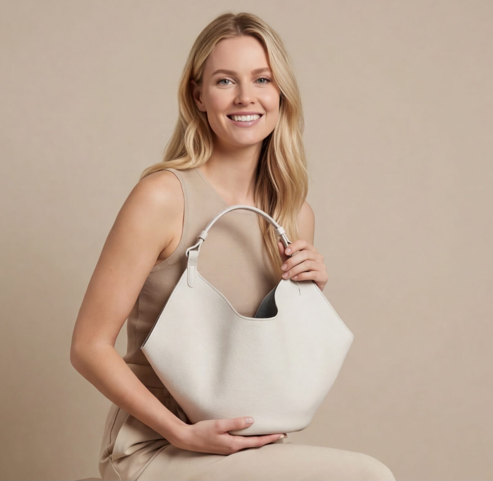 Woman holding a white handbag against a beige background