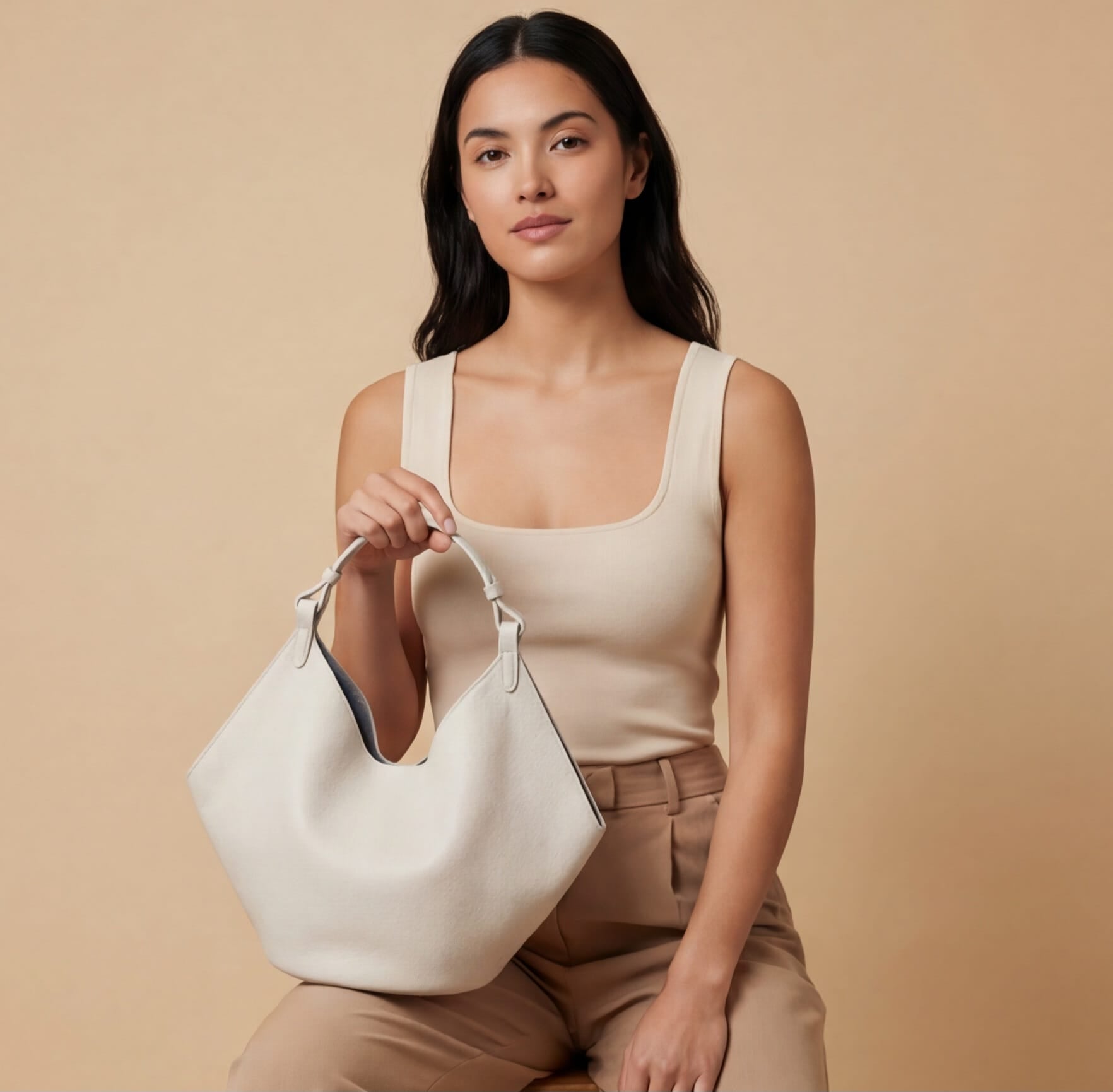 Woman holding a white handbag against a beige background